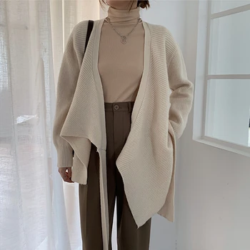 

WICCON New 2020 Autumn Winter Women's Knitwear V-Neck Lace Up Knitted Cardigans Korean Oversize Elegant Lady Tops