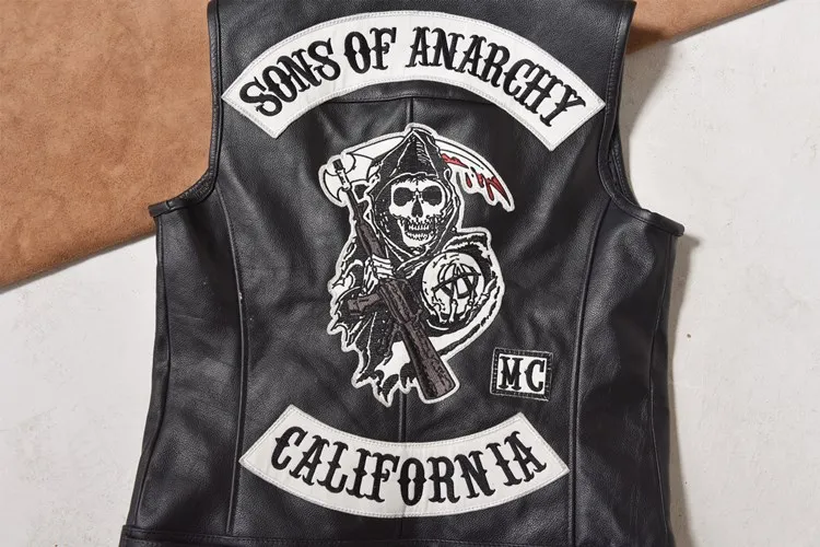 Waliicorners SOA Motorcycle Biker Leather Vest Letter Skull Patch Mens Genuine Leather Sleeveless Jackets Cowhide Waistcoat Black Brown 20 H6777fcb2dbac405f8755f919d2e76f3aI