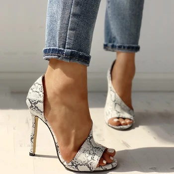 

Woman Sandals PU Sexy Summer Snake Printed Slip On Female Thin High Heels Shoes Gladiator Fish Mouth Front Rear Strap