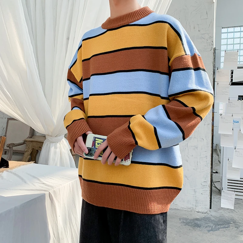 Winter Striped Sweater Men Warm Fashion Contrast Color Casual Knit Sweater Man Sweter Clothes Loose Long-sleeved Pullover Men