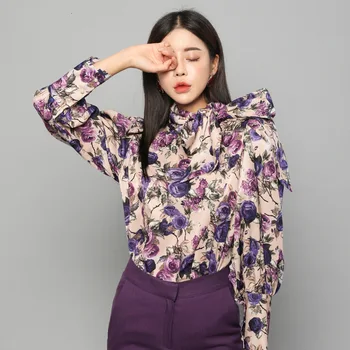 

Foamlina Elegant Womens Shirt Vintage Style Floral Print Blouse Bowtie Collar Long Lantern Sleeve Loose Shirt Ladies Work Shirt