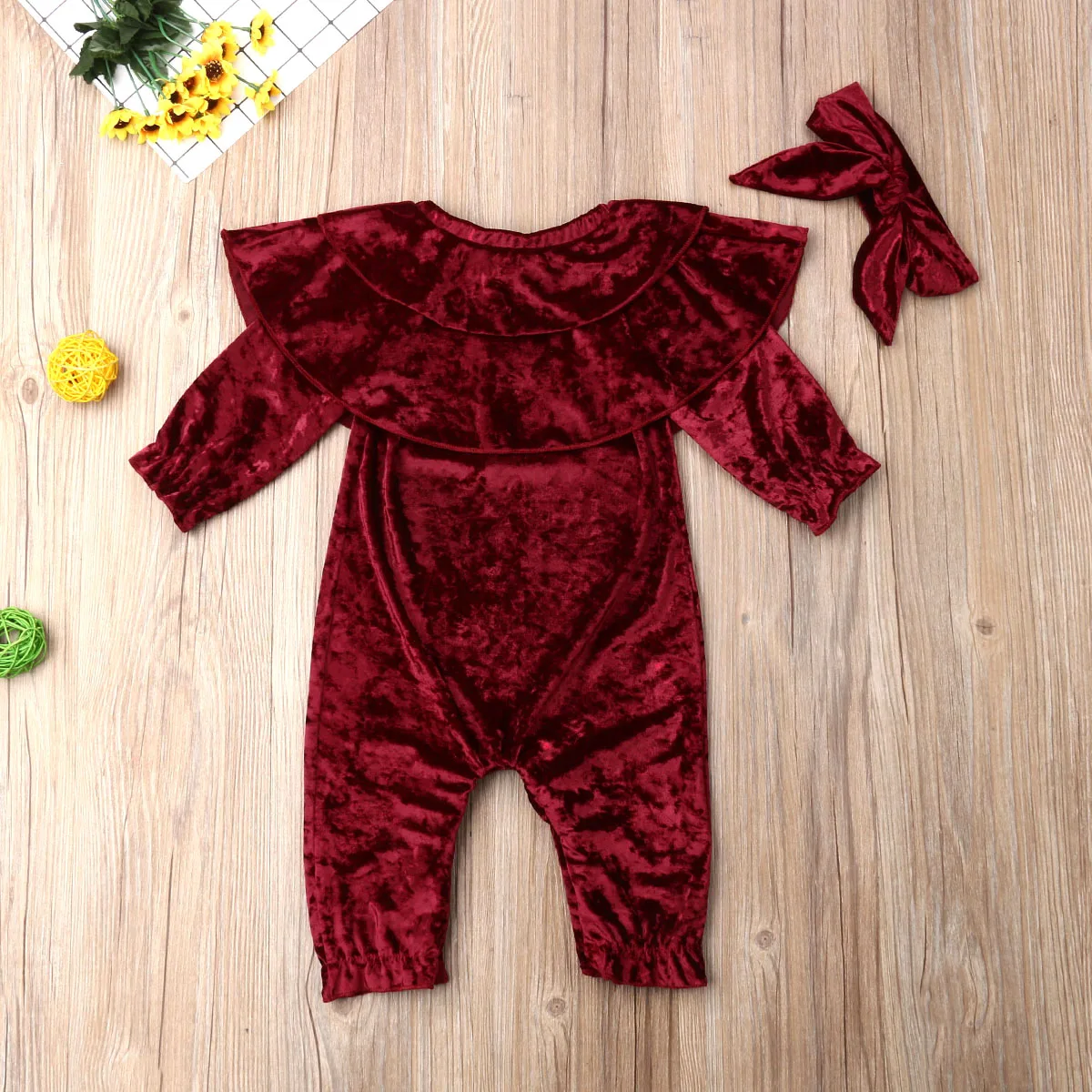 Осенне-зимняя одежда для малышей из 2 предметов Детский комбинезон для маленьких мальчиков и девочек, костюм-комбинезон с длинными рукавами, однотонный+ Набор резинок для волос 0-24 мес