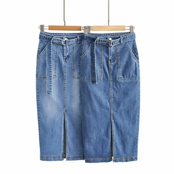 

Elegant High Slit Long Denim Skirt 2020 New Sash Jean Skirt Fashion Office Lady High Waist Slim Wrap Skirt brand high quality