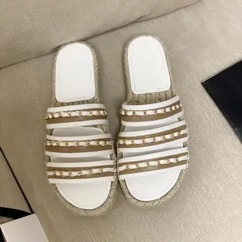 

Spring Summer 2020 New Slippers Espadrilles Flats Straw Bottom Classic Chain Slides Genuine Leather Shoes Woman 2.5cm Platform
