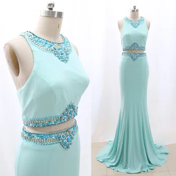 

MACloth Sky Blue Sheath O Neck Floor-Length Long Crystal Jersey Prom Dresses Dress S 267847 Clearance