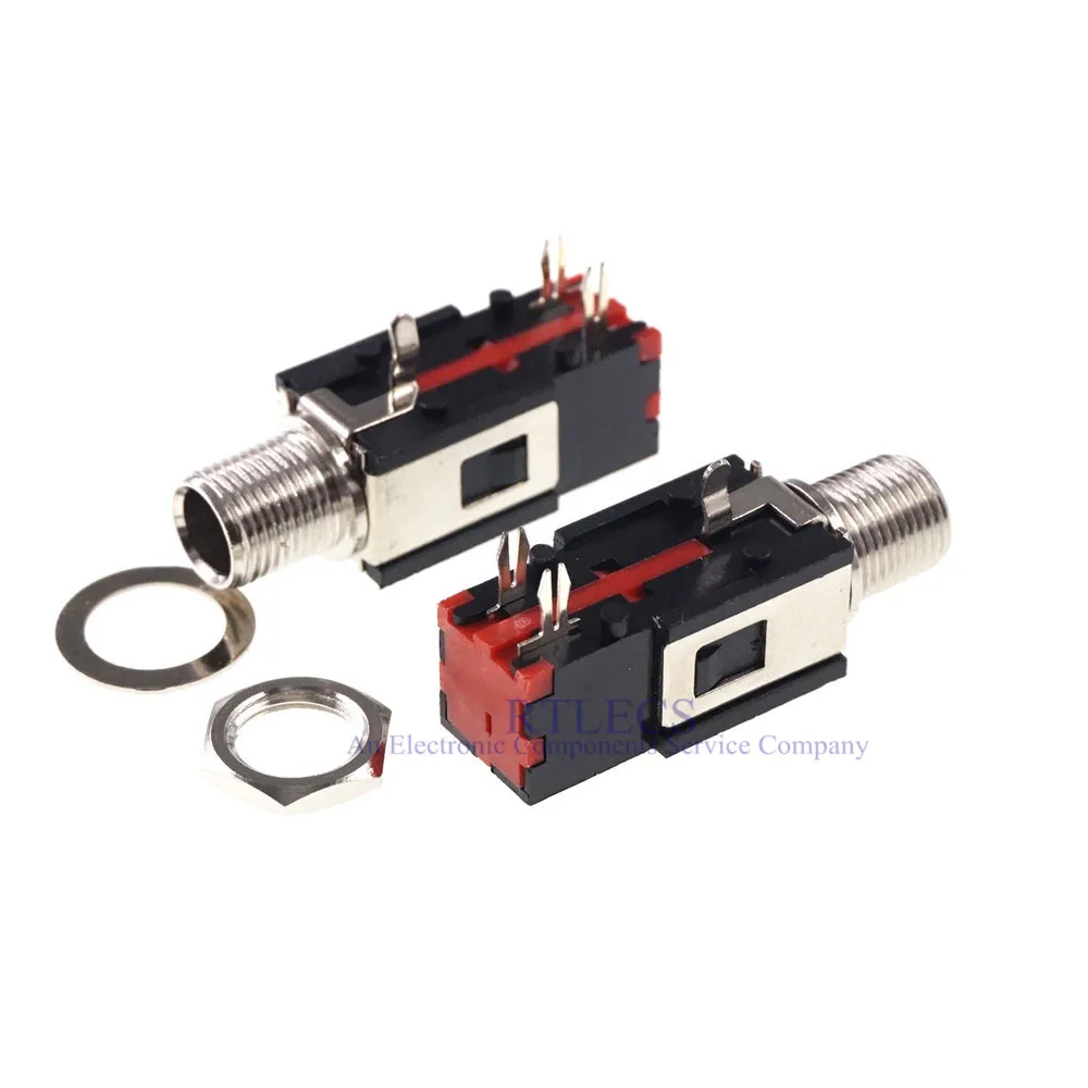 500pcs Thread lock panel mount 1 4 6 35 mm Mono phone Jack Headphone socket 2 conductor 3 contact single switch right angle