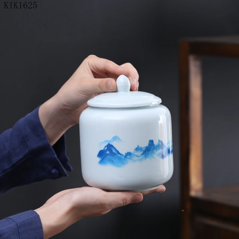 

Ceramic Tea Sealed Cans Hand-painted Landscape Candy Box Household Round Coffee Bean Nut Flower Tea Storage Box Home Decoration