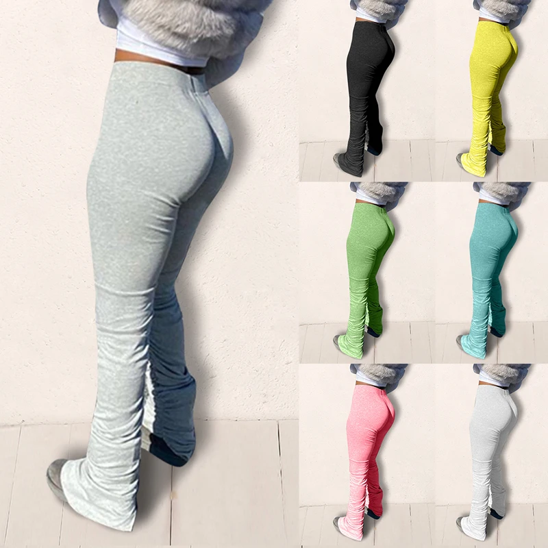 Women Elastic Stacked Pants Leggings High Waist Flare Bell Bottom Ruched Stack Trousers Draped Jogger Pants Sweatpants Women Elastic Stacked Pants Leggings High Waist Flare Bell Bottom Ruched Stack Trousers Draped Jogger Pants Sweatpants