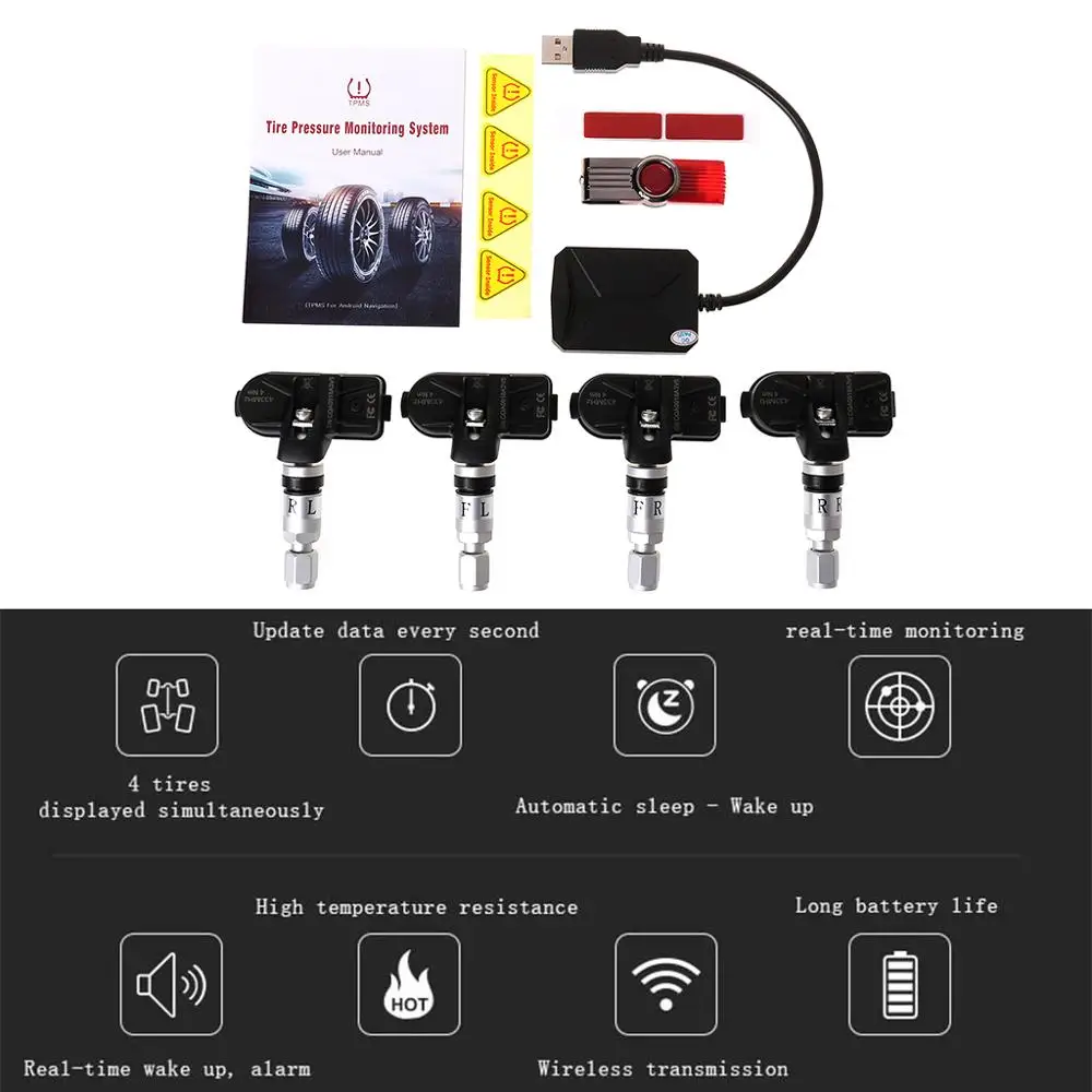  Monitor de presión de neumáticos USB Android TPMS/sistema de control de presión de neumáticos de na