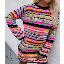 

Elegant Rainbow Colored Long Sleeve Knit Pullover Women Autumn Hollow Out O Neck Long Sweater Female Fashion Outerwear