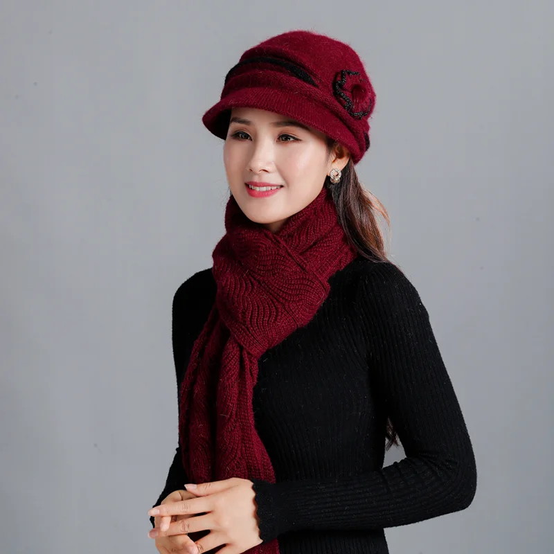 New Winter Women Rabbit Fur Hat Scarf Set Lady Warm Wool Knitted Plush Hat Scarf Crochet Sets Beanie Mother Caps Scarf Shawl Gif