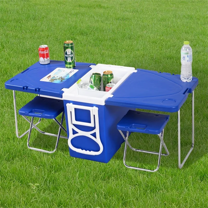 ^Cheap Modern Multi Functional Rolling Picnic Cooler W/ Table & 2 Chairs Outdoor Foldable Table Folding Patio Furniture Set