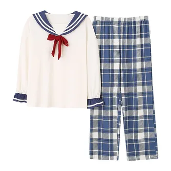 

For Woman New Spring Autumn Woman Pj Set Long Sleeve Long Pants Sleepwear Fashion Style Plaid Printing Woman Clothes Pajamas