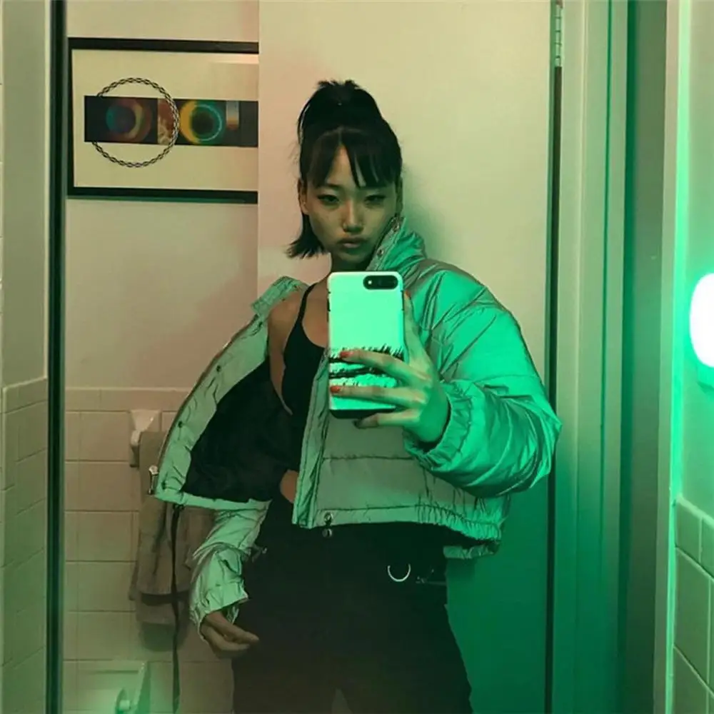 

New Winter Fashion Reflective Short Warm Women Coat Cotton Padded Jackets Short top Gray Color New Ladies Parka Warm ladies Coat