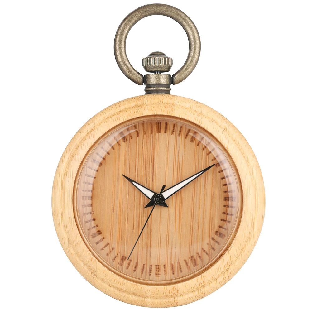 Carved Scale Surface Dial Clock Concise Pocket Watch Luminous Pointer Bamboo Case Rough Chain Gift reloj 5