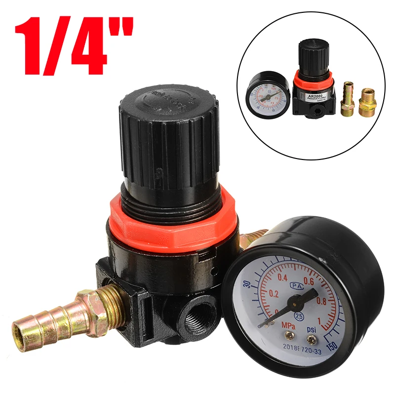 

1/4" Air Pressure Relief Control Regulator Pneumatic Mini Compressor Treatment Units Valve with Gauge Measuring Instrument