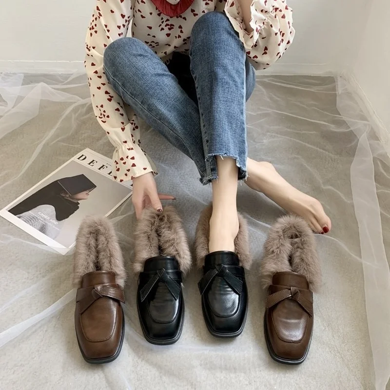 Zapatos De Mujer 2022 Fashion Women Loafers Faux Rabbit Fur Slip-on Shoes Woman Low Heels Casual Shoes Plush Warm Boat Shoes