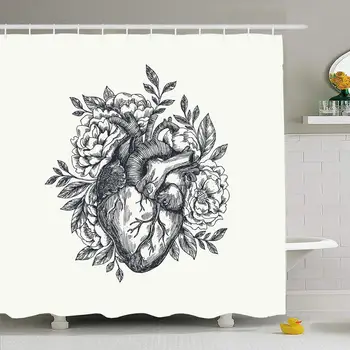 

Shower Curtain Set with Hooks 72x78 Decoration Valentines Day Love Anatomical Heart Anatomy Happy Flowers Vintage Calligraphy