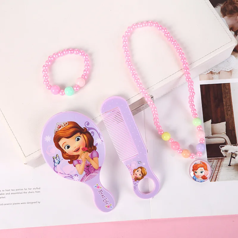 4pcs Disney princess cartoon Mirror comb+necklace bracelet Elsa Jewelry accessories children Frozen doll girl gift cosmetic toy