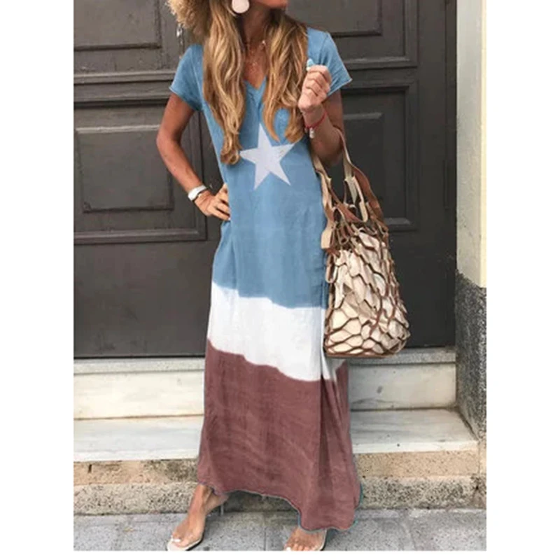 

3XL plus size women dress Star print short sleeve v neck long dress Summer 2019 Casual loose large size robe femme vestidos