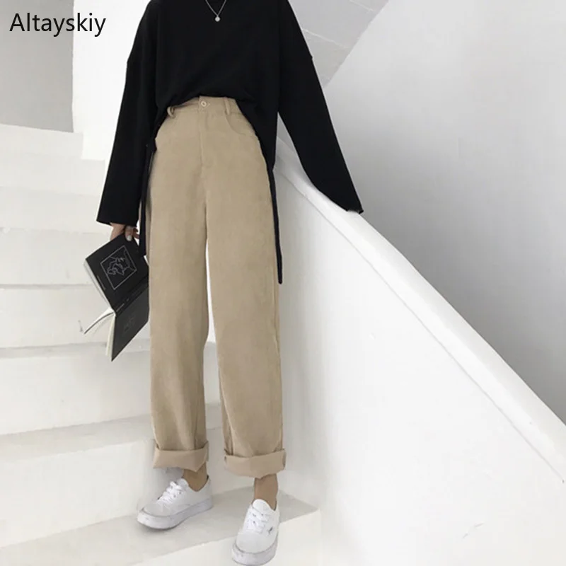 Pants Women Solid High Waist Simple All-match Korean Style Zipper Pockets Leisure Soft Corduroy Pant Womens Loose Trousers Chic Pants Women Solid High Waist Simple All-match Korean Style Zipper Pockets Leisure Soft Corduroy Pant Womens Loose Trousers Chic