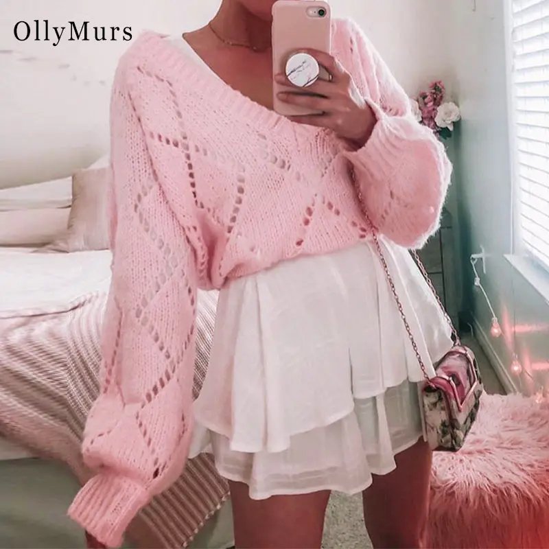 

Oversize Sexy Knitted Sweater Women Pink Hollow Out Autumn Winter 2019 Fashion New Arrivals Casual Plus Size Solid Jumper