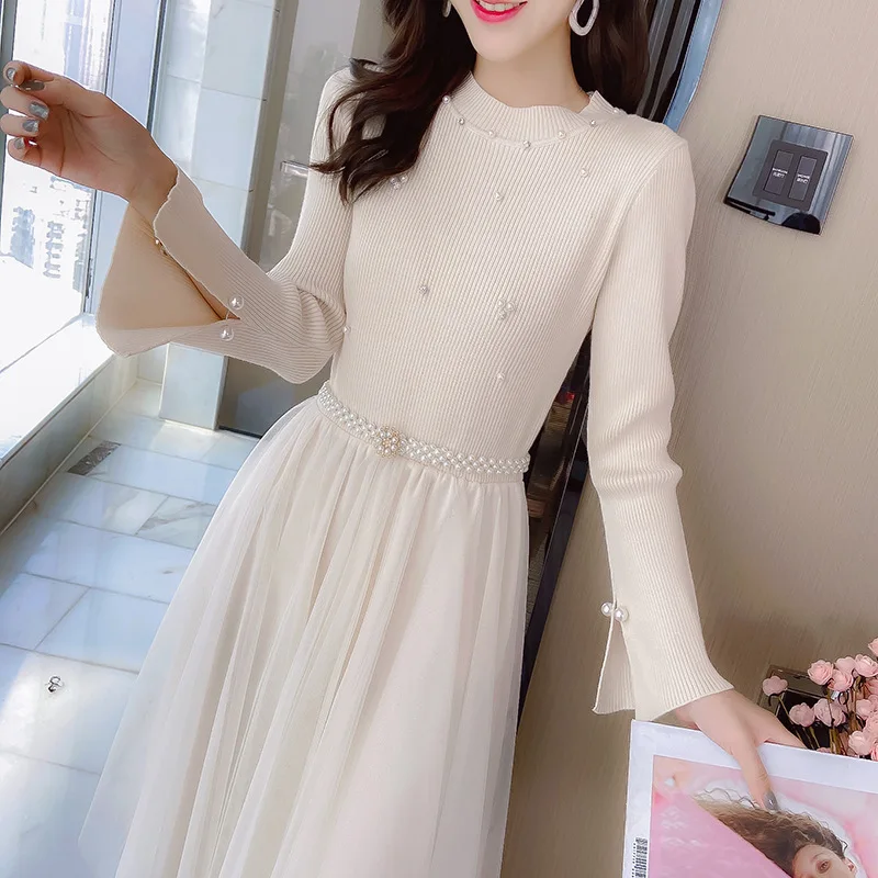 

2019 New Style Fairy Style Beads Knitted Joint Mesh Dress Long Sleeve Elegant Medium-length Dress