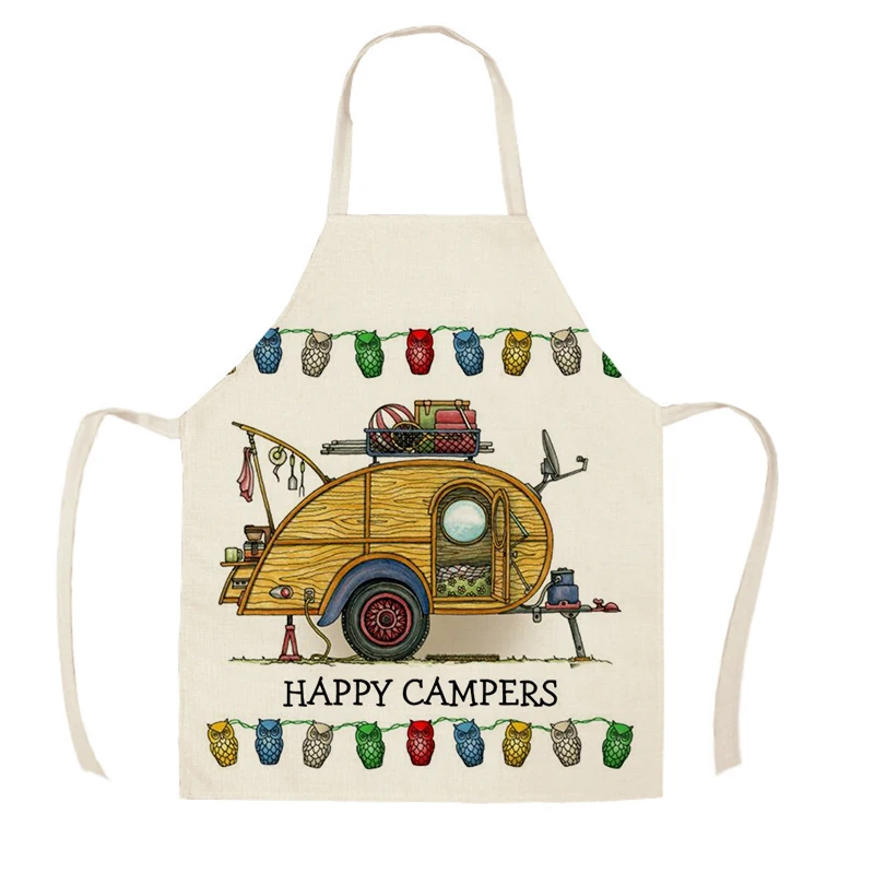1Pcs Kitchen Apron Sketch Campers Car Printed Sleeveless Cotton Linen Aprons for Men Women Home Cleaning Tools WQ358