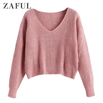 

ZAFUL Dropped Shoulder V-Neck Cropped Chenille Jumper Sweater Long Sleeve Pullover Loose Solid Autumn Warm Sweater Lipstick Pink