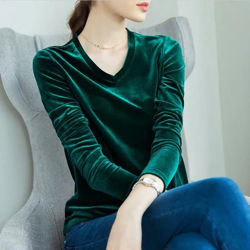 2020 Women New Fashion Solid Color Gold Velvet Tops Vintage Fitted Long Sleeves Ladies Basic Velour Plus Size M-7XL |