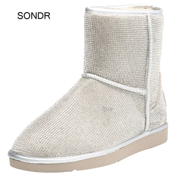 

2019 Winter Crystals Shoes Women Fashion Brand Warm Snow Boots Bling with Fur Lady footware Bing Rhinestones botas mujer Silver