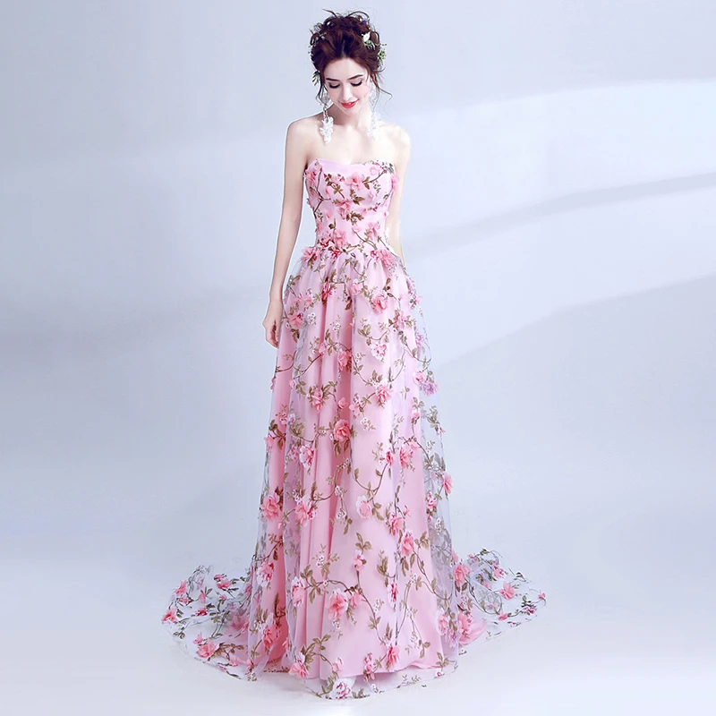 Tanio Piękna różowa suknia wieczorowa bez ramiączek bez