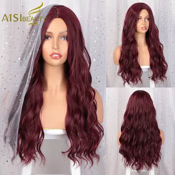

AISI BEAUTY Red Wig Long Water Wave Synthetic Wig Middle Part Cosplay Brown Black Grey Wigs for African American Women