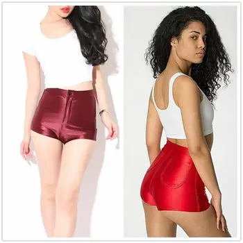 

Womens Girls Shiny Skinny Fit Mid Waist Shorts with Pockets Solid Color