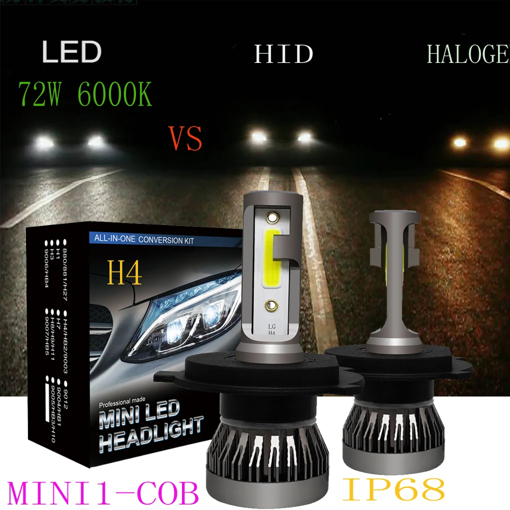 1 пара высокой яркости мини COB H4/H11/9005/9006 72W 6000K Автомобильные светодиодные лампы для фар Все-в-одном Hi/Низкий конверсионный комплект