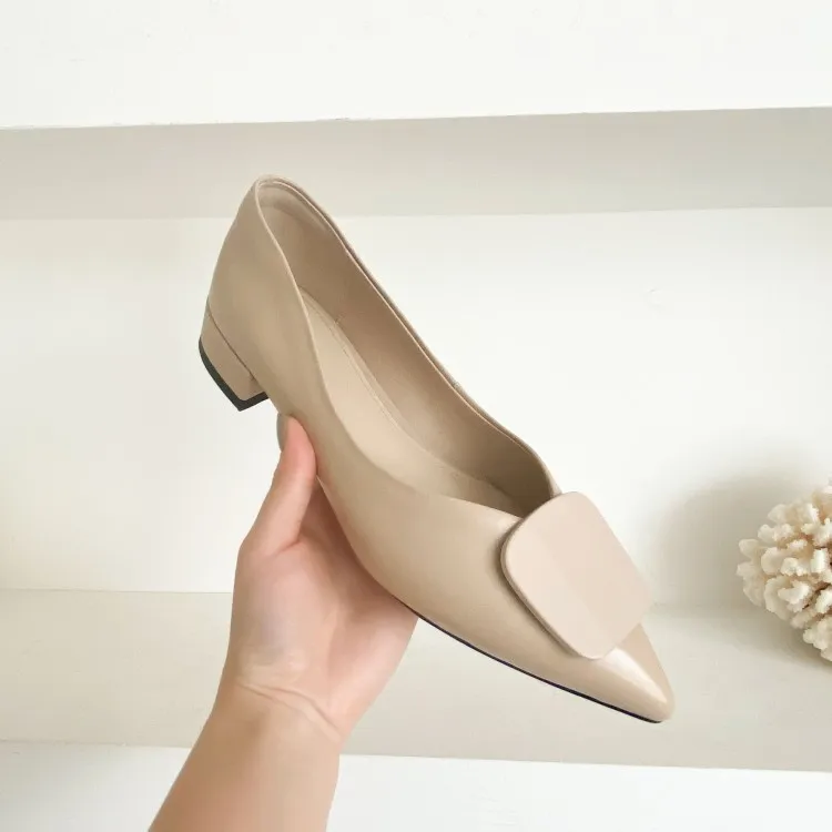 

New Style Cowhide Grandma Shoes Flat Flat Heel Shoes Women's Genuine Leather Metal Buckled Comfortable Versatile Pointed-Toe Kor