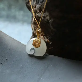 

SNew silver inlaid natural Hetian White Jade Elephant Pendant Necklace unique ancient gold craft women's brand jewelry