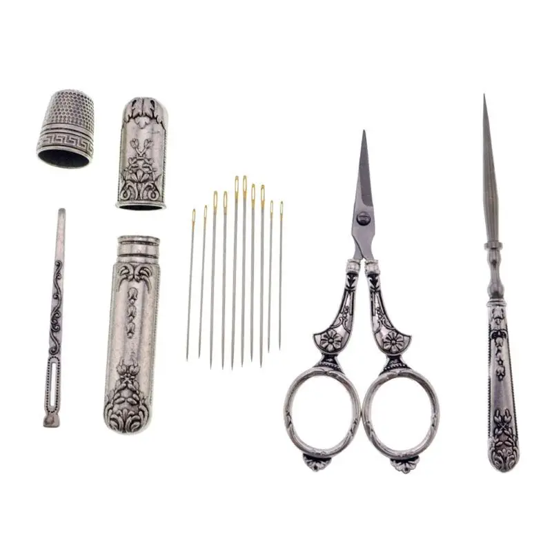 

1 Set Vintage Embroidery Sewing Scissors Needle Case Thimble Awl Threader Needlework