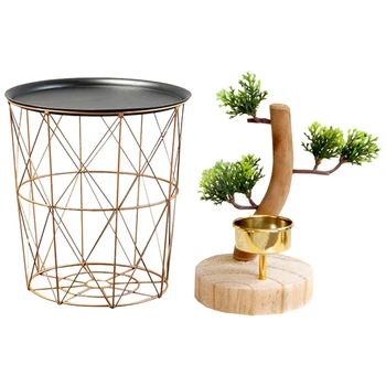 

Modern Gold Round Wire Metal Storage Basket with Natural Rural Style Wooden Fake Tree Bonsai Candle Holder