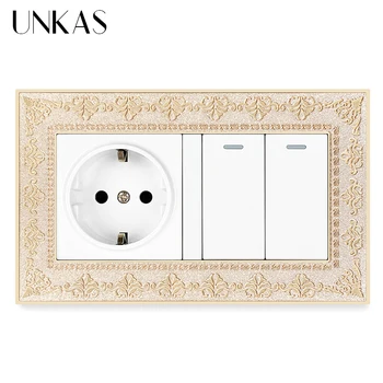 

UNKAS 4D Zinc Alloy Metal Panel Russia Spain EU Standard Socket + 2 Gang 1 / 2 Way On / Off Light Switch Embossing Retro Frame