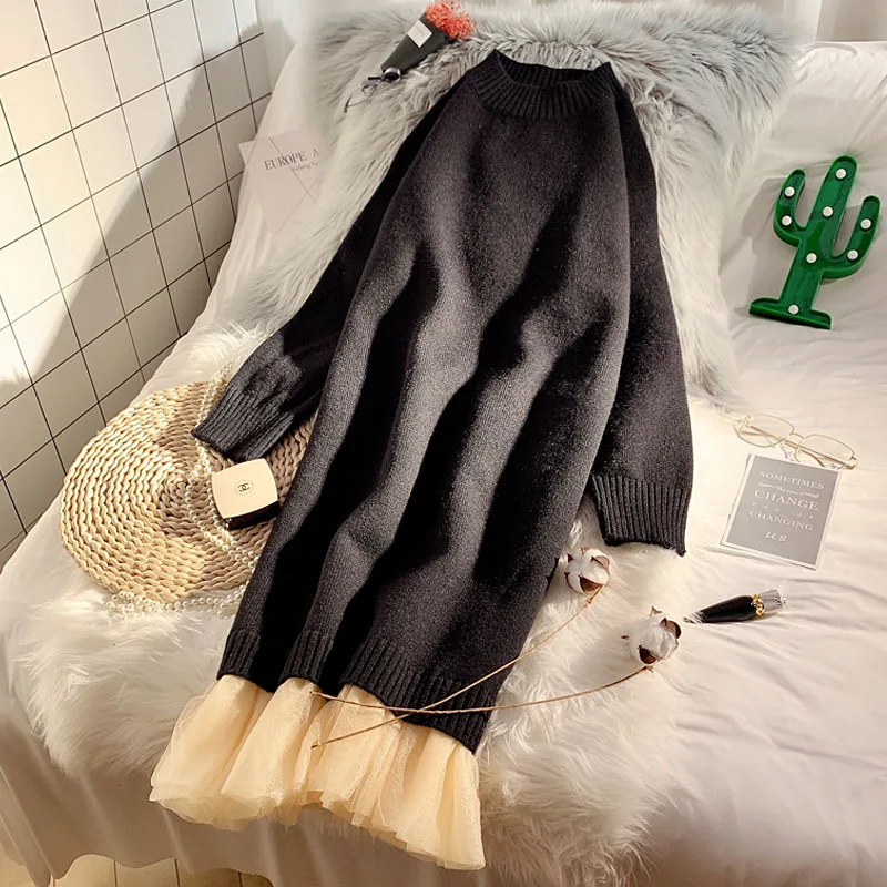 LANMREM, свитер, женское длинное платье, новое зимнее Сетчатое платье с круглым вырезом, сшитое, имитация двух частей, вязаное платье, свободное, утолщенное, YH666 - Цвет: black
