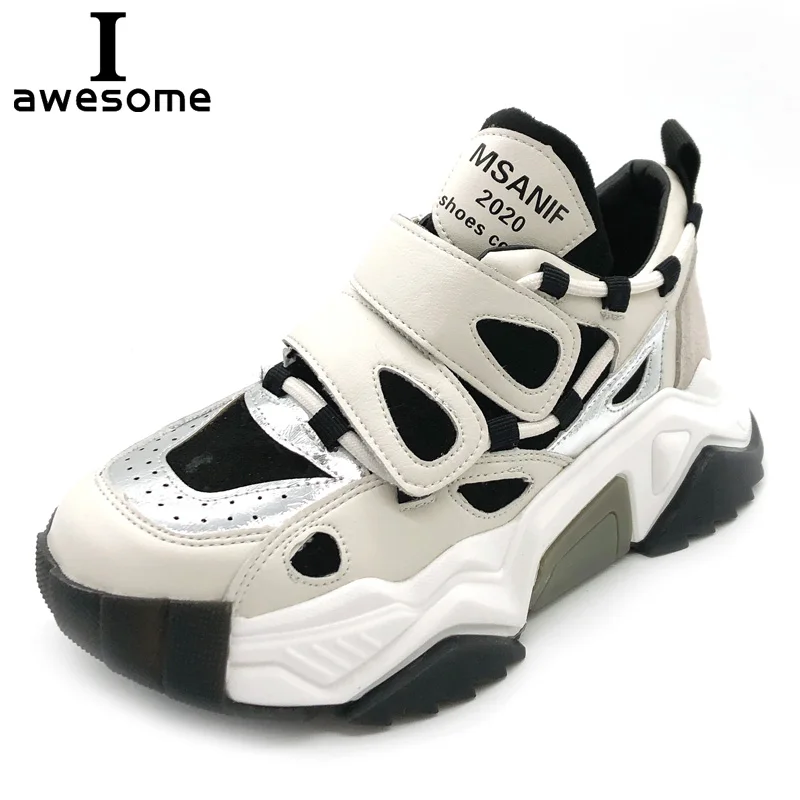 

Genuine Leather Breathable Comfortable Shoes Hook & Loop Chunky Sneakers Women Flats Soft Leather Women's Casual Sport Shoes