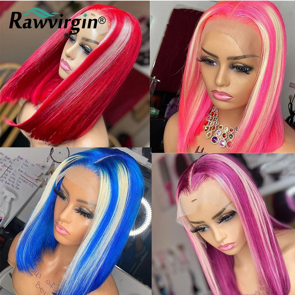 Ombre Highlight Short Bob Wig Pink Lace Front Human Hair Wigs For Women