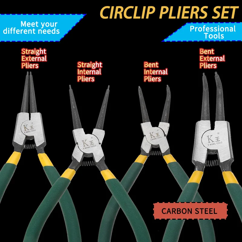 

4PCS 7 inch Circlip & Snap Ring Pliers Internal External Straight Curved Retain Hand Tools Carbon Steel For Electrical Working