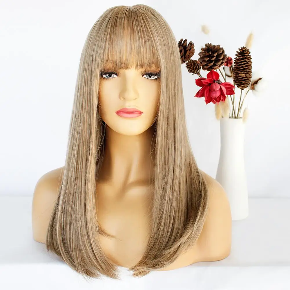 

Anogol Synthetic Wig with Bangs Dark Root Ombre Color Natural Blonde Headline Heat Resistant Hair Wigs for Women