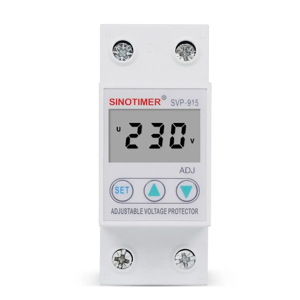 SINOTIMER SVP-915 предохранитель напряжения 230 В 40A/63A Регулируемый автоматическое восстановление под/над релейный выключатель защитное устройство с ЖК-дисплеем