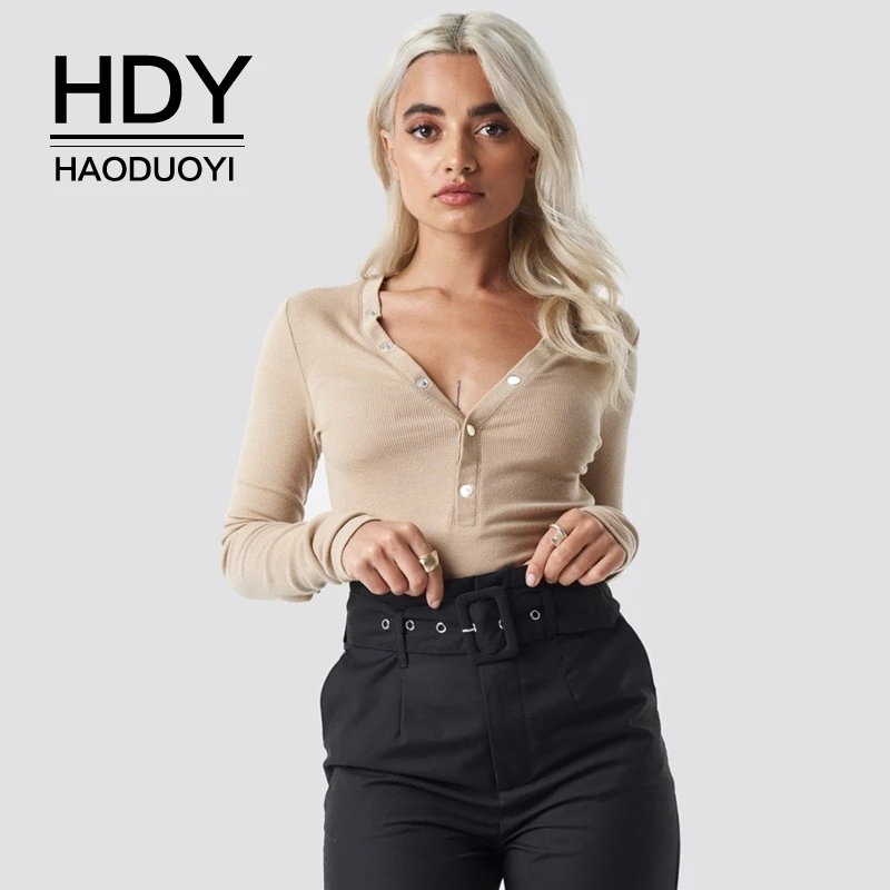 

HDY Haoduoyi New Arrival Autumn Fashion Simple Basic Bottoming Slim Long Sleeve Deep V Button Decorative T-shirt Bottoming Shirt