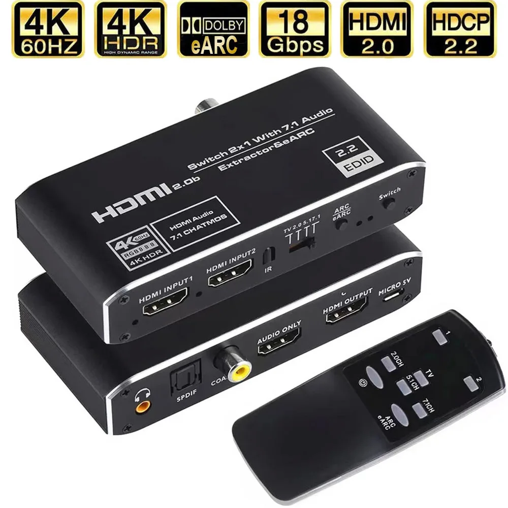 2x1 4K HDMI переключатель eARC аудио экстрактор с дугой и оптическим Toslink 2 0 60 Гц