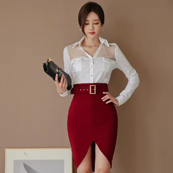 

Korean Style 2020 Spring Elegant 2 Pieces Set Women Single Breasted Lapel White Shirt + Fashion Belt High Waist Sexy Skirt Set