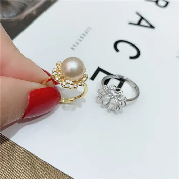 

Real 925 Sterling Silver Women Wedding Engagement Ring Adjustable Simple Round Pearl Ring Mounting